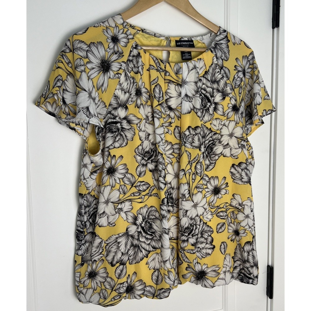 Liz Claiborne Women's Size PXL Yellow Black Blue Floral Blouse Short Sleeve Clas